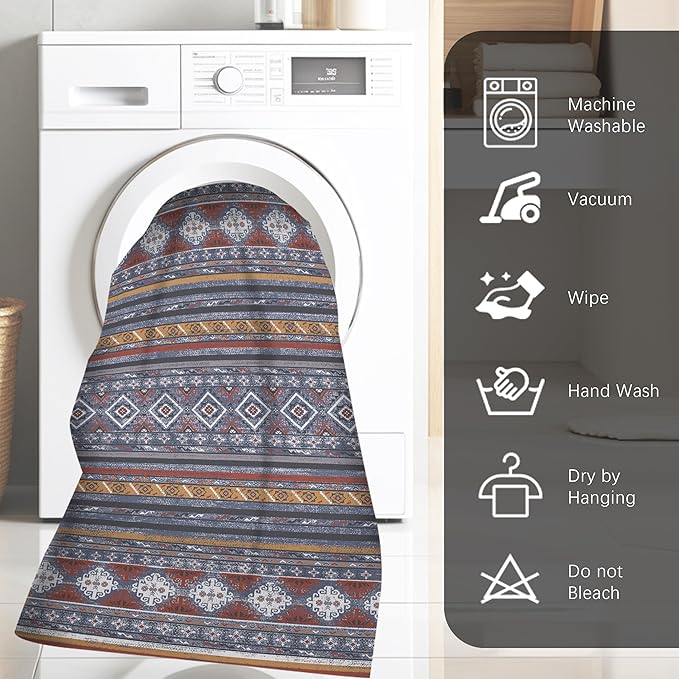 RUGSURE Washable Area Rugs 8' x 10' - 1/6 Thick - Moroccan-Inspired -Stain & Water Resistant Non-Slip - Resistant Rug for Living Room, Bedroom, Nursery, Pet & Child Friendly (Blue and Red)