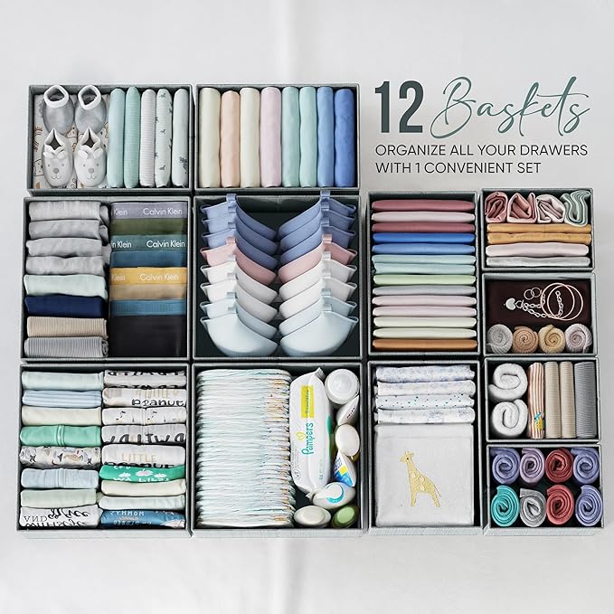 Drawer Organizer Clothes Set of 12 Grey - Dresser Organizer For Nursery, Bedroom, Closet - The Perfect Baby Clothes Organizer and Storage & General Nursery Organization or Dresser Drawer Organizers