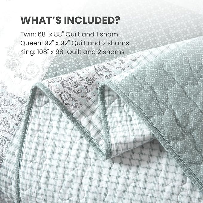 Soul & Lane Memory Lane 3-Piece Cotton Quilt Set - King Size with 2 Shams, Sage Green Patchwork Quilted Comforter, Lightweight Country Pieced Bedspread, Neutral Modern Farmhouse Bedding