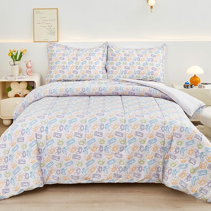 Viviland Kids Twin Bedding Sets for Boys, Soft Microfiber Twin Comforter Set, Grey Game