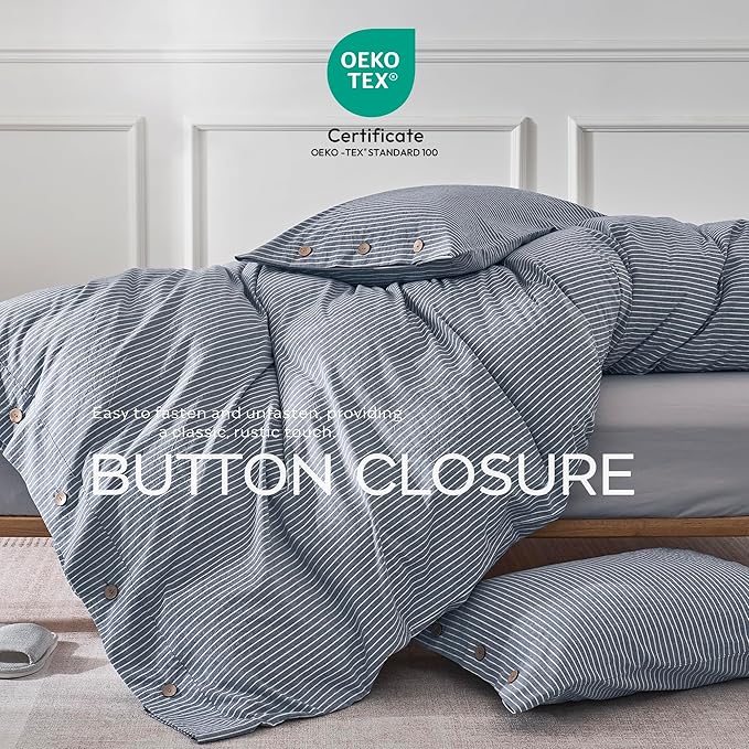 JELLYMONI Cotton Duvet Cover King Size - Blue Vertical Pinstriped Comforter Cover with Button 100% Washed Cotton 3PCS Breathable Soft Solid Bedding Set Duvet Cover 104×90in & 2 Pillowcases