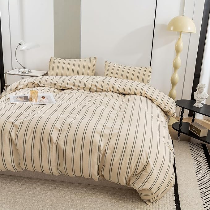ECOCOTT Duvet Cover King Size - Linen Feel Organic Natural 100% Washed Cotton, Soft Breathable & Durable Bedding Set, Comfy Stripe Design for All Seasons
