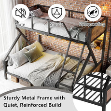 Twin XL over Queen Bunk Bed with Shelves, Metal Bunk Beds with Ladders and Lights, Heavy-duty Bunkbed for Bedrooms, Guest Rooms and Dorms, No Box Spring Needed and Noise-free Design, Woodgrain
