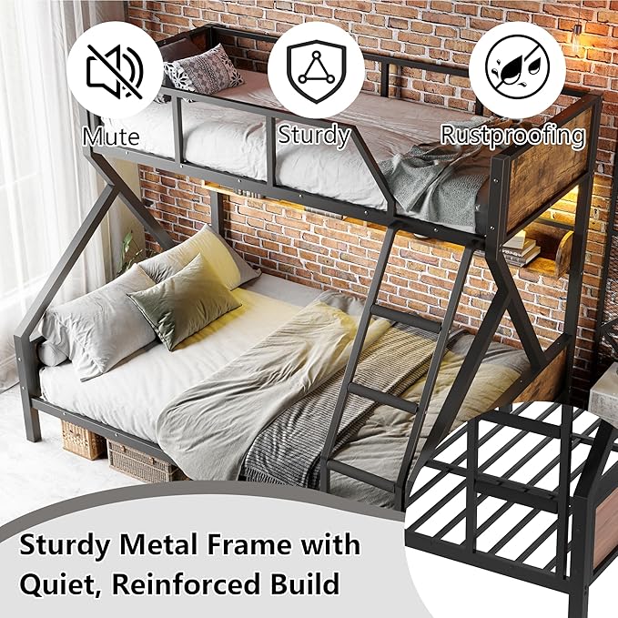 Twin XL over Queen Bunk Bed with Shelves, Metal Bunk Beds with Ladders and Lights, Heavy-duty Bunkbed for Bedrooms, Guest Rooms and Dorms, No Box Spring Needed and Noise-free Design, Woodgrain