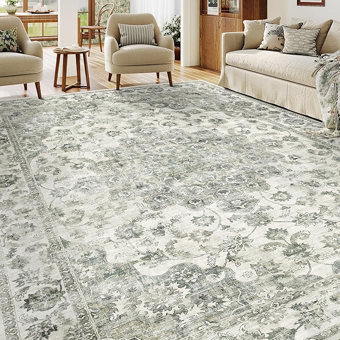 8x10 Washable Neutral Area Rug Green Vintage Living Room Bedroom Carpet Non-Slip Soft Low Pile Floral Indoor Large Throw Rug for Dining Room Office