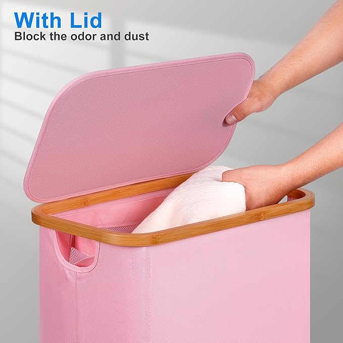 efluky Slim Laundry Basket with Lid, Narrow Laundry Hamper with Removable Bag, Skinny Dirty Clothes Basket with Bamboo Handles for Bathroom, Bedroom & Laundry Room, 75L Pink