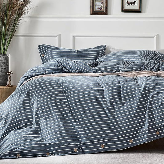 JELLYMONI Cotton Duvet Cover Oversized Queen Size - Blue Pinstriped Comforter Cover with Button 100% Washed Cotton 3PCS Breathable Soft Solid Bedding Set Duvet Cover 98×98in & 2 Pillowcases
