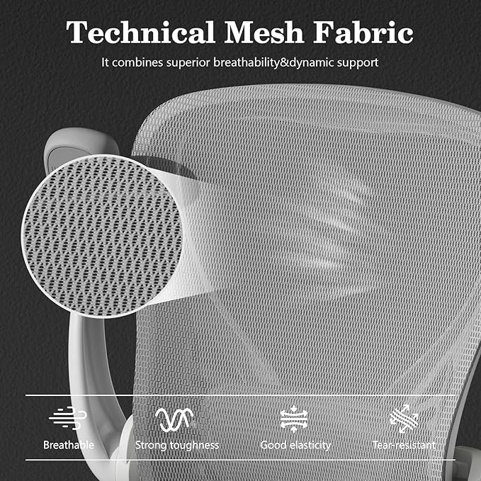 GYI Office Chair Ergonomic, Computer Desk Chair with Memory Foam Seat, Technical Mesh Back, 3D Flip-up Arms, Adjustable Lumbar Support&Height, Wheels for Home or Office, Grey&White