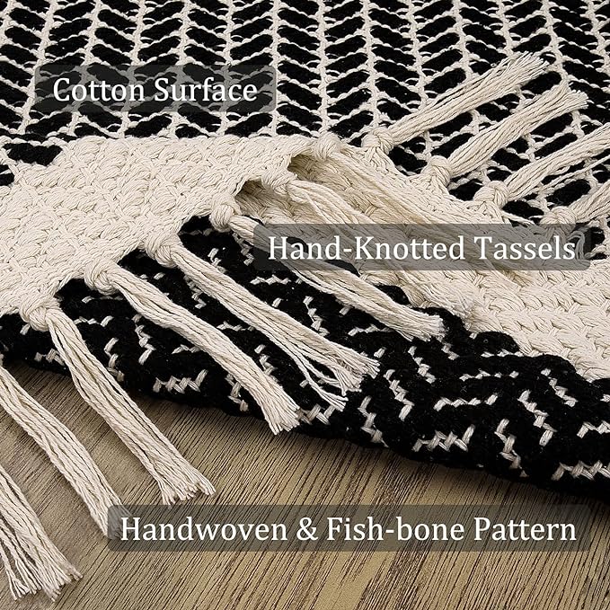 Lahome Boho Kitchen Runner, 2x4.3 Bathroom Runner Rugs Lightweight Entryway Rug Woven Cotton Throw Mat with Tassels, Farmhouse Non Shedding Washable Black Rug Low Pile Runners for Bedroom Doorway