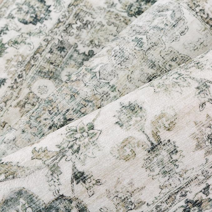 8x10 Washable Neutral Area Rug Green Vintage Living Room Bedroom Carpet Non-Slip Soft Low Pile Floral Indoor Large Throw Rug for Dining Room Office