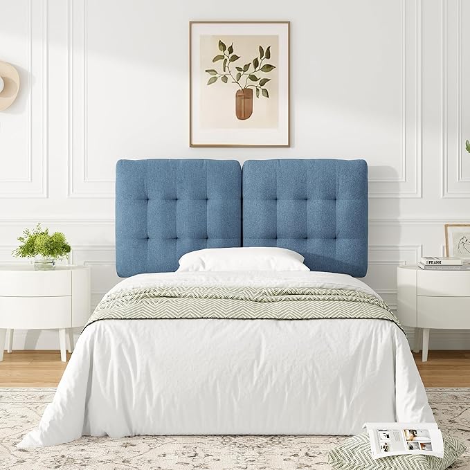 Tufted Upholstered Full Headboard, Adjustable Height Full Size Headboard Only from 39”to 44” with Durable Solid Wood Legs, Modern Button Diamond Fabric Head Board with Width Adapters, Blue