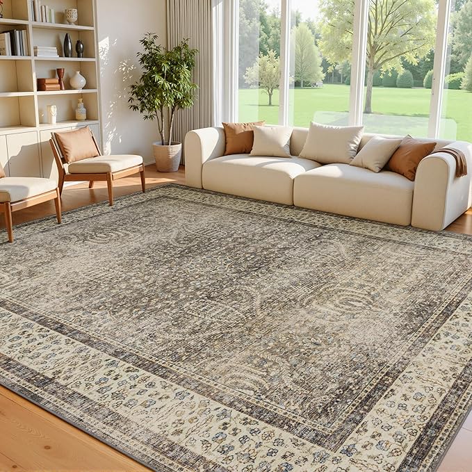 RCTJHOME 9'x12' Washable Area Rugs for Larger Living Room/Spacious Bedroom, Ultra Soft Non-Slip Accent Carpet, Dining Room,Larger Home Office, Low Pile Persian Rug Retro Golden Brown Multi