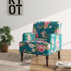 Accent Chair, Mid Century Modern Comfy Armchair for Living Room, Linen Fabric Single Sofa Lounge for Reading Bedroom Apartment Waiting Room with Wood Legs (Floral, Set of 2)