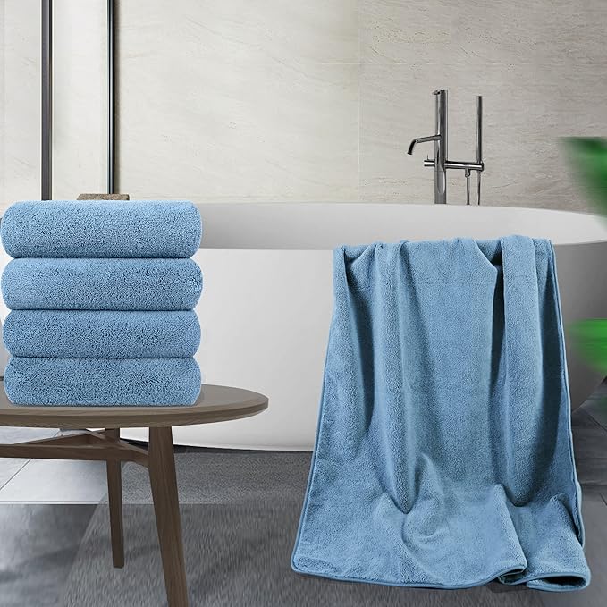 POLYTE Microfiber Quick Dry Lint Free Bath Towel, 57 x 30 in, Pack of 4 (Blue)