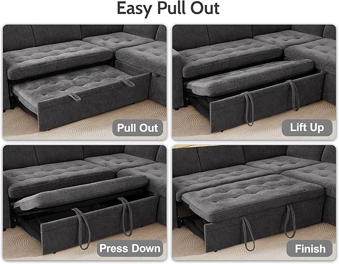 WEUP 5 Seat L Shaped Sectional Sleeper Sofa Bed with Pull Out Bed, Chenille Sectional Sleeper Couch with Adjustable Backrest, USB Ports & Storage Seat, Tool-Free Assembly, Chenille Dark Grey