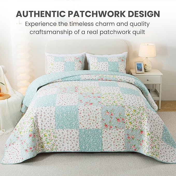 Soul & Lane Whispering Flowers Cotton Quilt Set - King Size with 2 Shams, White and Blue Pieced Patchwork Design, Country Floral Quilted Comforter, Lightweight Summer Farmhouse Bedding