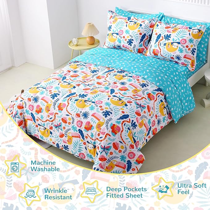Viviland Kids Twin Bedding Sets for Girls, Boys Soft Twin Comforter Set with Sheets, 5 Pieces Microfiber Bed in a Bag, Sloth Rainforest