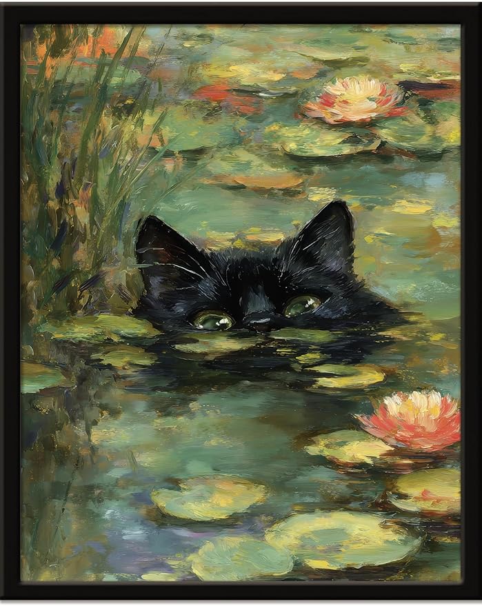 Monet Prints Vintage Cat Wall Art Print Cat In Water Lilies Posters Retro Canvas Art Wall Decor Picture For Bedroom Dorm Bathroom Wall Decor Aesthetic Home Artwork 8" × 10" With Framed
