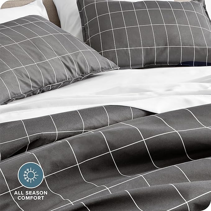 Bare Home Bedding Duvet Cover Queen Size - Premium 1800 Super Soft Collection - Lightweight, Duvet Cover - Soft Textured Bedding (Queen, Grid - Grey/White)