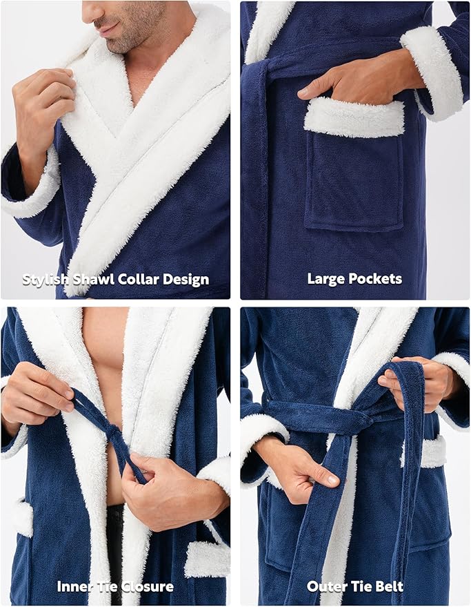 DAVID ARCHY Men's Hooded Robe Soft Coral Fleece Microfiber Bathrobe
