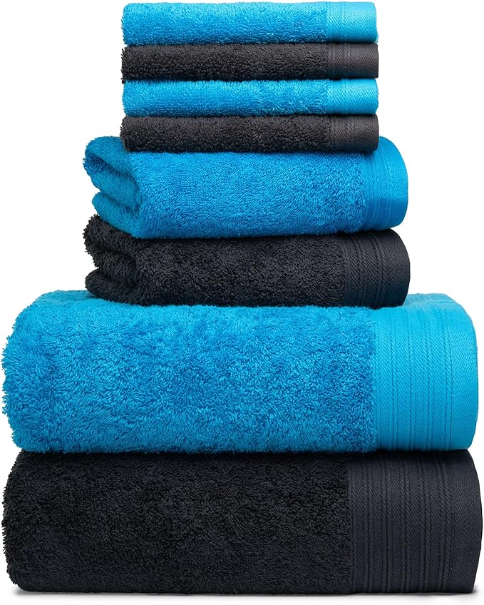 Premium 8 Pieces Towel Set Including 2 Bath Towels 30" x 56", 2 Hand Towels 18" x 30" and 4 Washcloths 13" x 13" - Color: Black & Petrol | Pure Cotton |Machine Washable high Absorbency