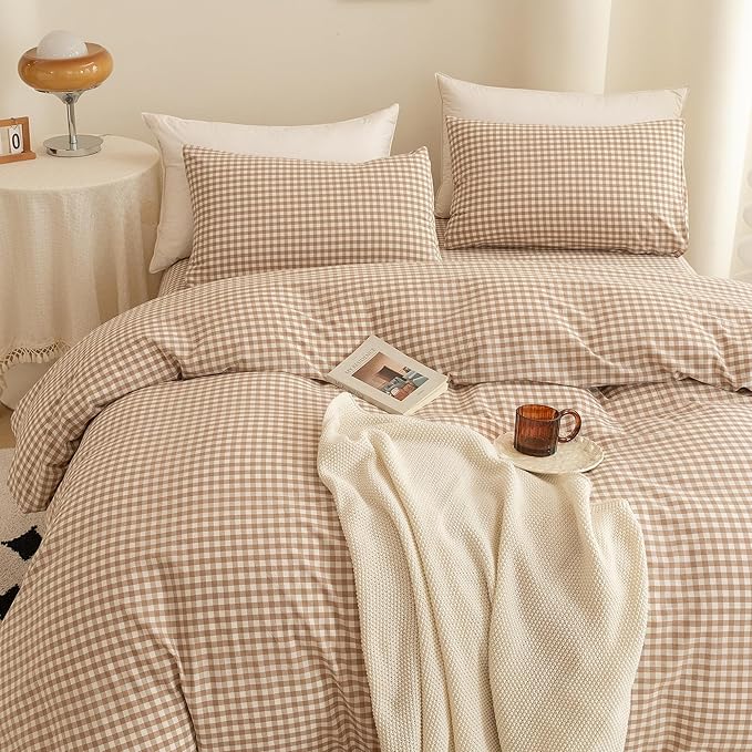 ECOCOTT Gingham Duvet Cover Queen Size 100% Washed Cotton Like Linen Feel Super Soft & Comfy Bedding Set Modern Checkered Design for All Seasons