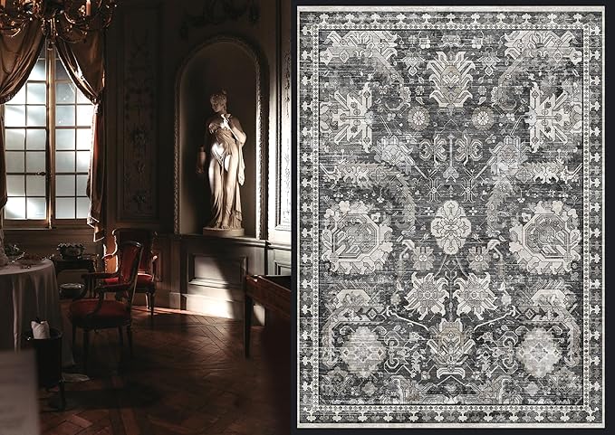RUGSURE Washable Area Rugs - Perfect for Living Room, Bedroom, Kids Room, Nursery - Stain & Water Resistant Non-Slip, Pet & Child Friendly, Vintage Tribal Area Rugs (Grey, 6' x 9')