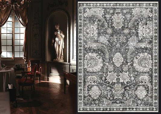 RUGSURE Washable Area Rugs - Perfect for Living Room, Bedroom, Kids Room, Nursery - Stain & Water Resistant Non-Slip, Pet & Child Friendly, Vintage Tribal Area Rugs (Grey, 6' x 9')