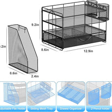 gianotter Desk Organizers and Accessories with File Holder, 4-Tier Desk Accessories & Workspace Organizers with Drawer and 2 Pen Holder, Paper Organizer for Office Supplies (Black)