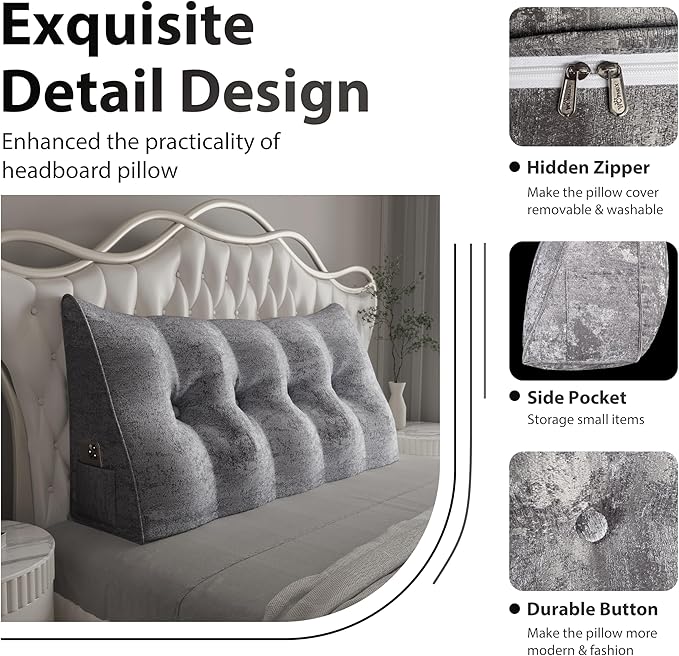 11 lbs Thickened Wedge Pillow Headboard Body Positioner Bed Wedge Pillow Backrest Support Triangular Headboard Pillow for Sleeping with Side Pocket Velvet Positioning Support Light Grey Queen