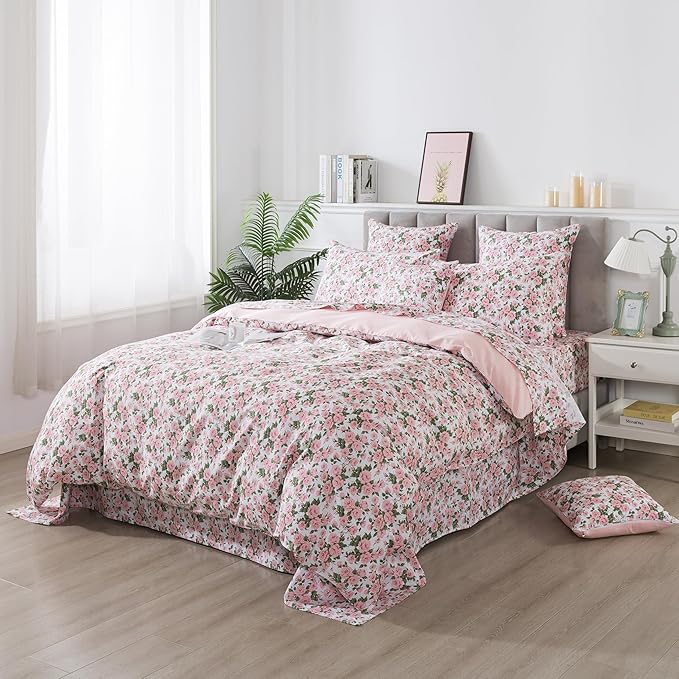 FADFAY Duvet Cover Set Pink Rose Floral Bedding Vintage Peony Flower Quilt Cover Set Shabby Farmhouse Bedding 100% Cotton Comforter Cover with Hidden Zipper Closure 3Pcs, King/California King Size