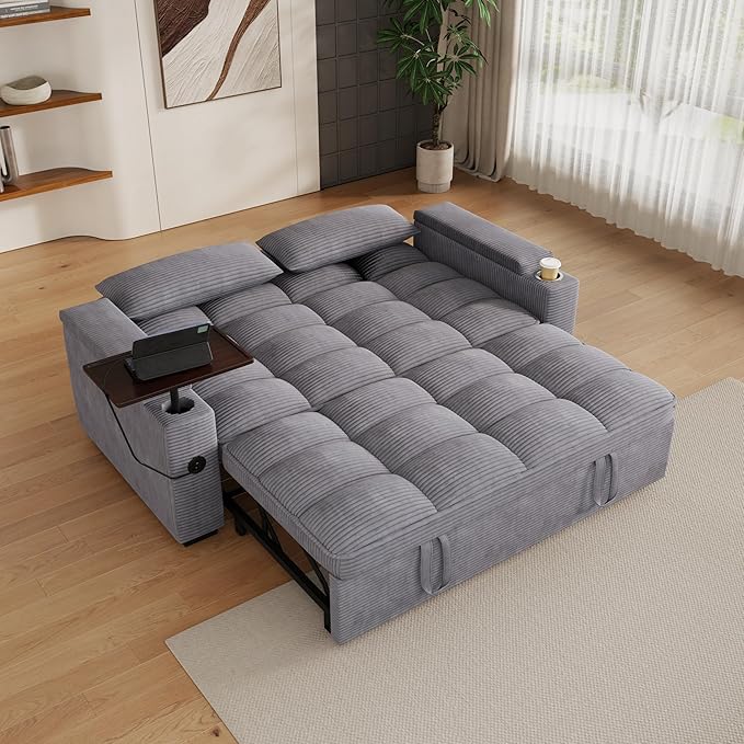 65" Sofa Bed, Loveseat 3-in-1 Sleeper Sofa with Pull Out Bed, 360° Swivel Side Table and USB, 2 Seater Convertible Small Couch for Living Room Apartment (Gray, Corduroy)