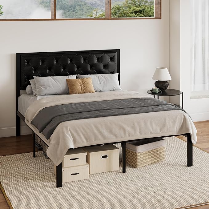 SHA CERLIN Queen Size Metal Platform Bed Frame, PU Leather Upholstered Button Tufted Headboard, Mattress Foundation with 12.4” Under-Bed Storage, Noise-Free, Easy Assembly, No Box Spring Needed, Black