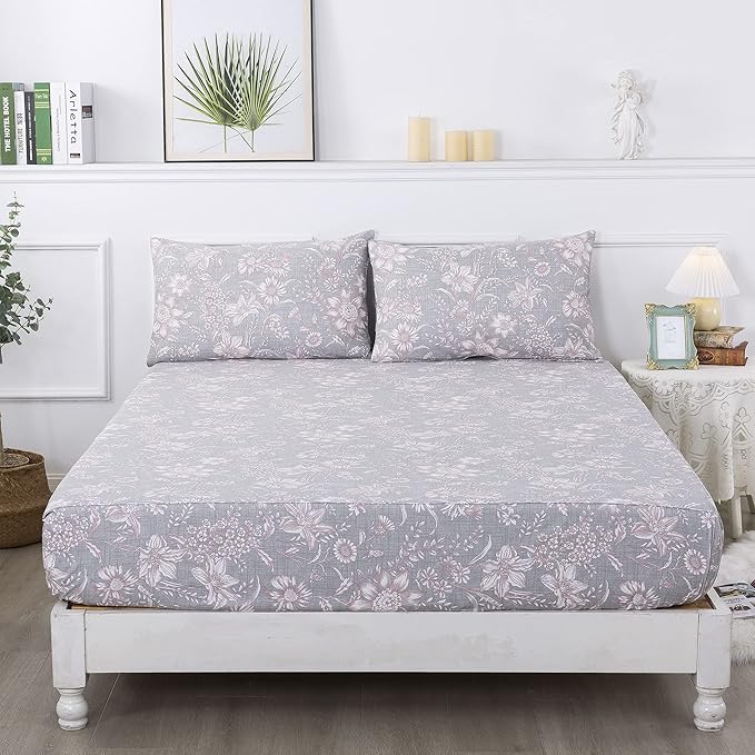 FADFAY Sheets Set Twin Shabby Pink and Grey Floral Bedding Vintage Sunflower Sheets Elegant Summer Bedding 100% Cotton Super Soft Deep Pocket Bed Sheets Set, 4Pcs-Twin Size