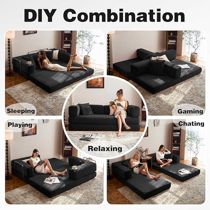 78.8" Convertible Sofa Bed - Compression Sofa with Corduroy Fabric - with Armrests and Backrest - Modular Sectional for Living Room, Bedroom, Studio - Compression Sofa in Box (Black)