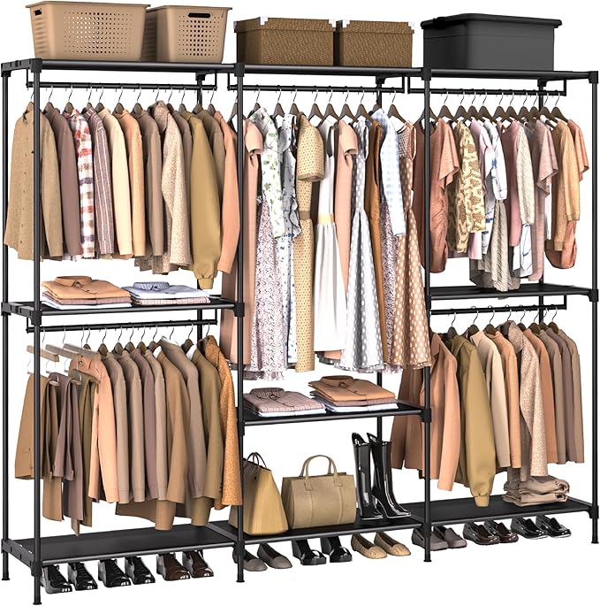 Clothes Rack, Portable Closet, 80.7 Inch Extra Large Capacity Wardrobe Closet, Clothes Storage Organizer with Shelves and 5 Hanging Rods, Easy to Assembly, Black PCT036B01