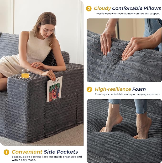 MAXYOYO 104" Modular Sectional Couch with L-Shape Chaise, Modern Boneless Couch for Living Room, Sofa in A Box, Oversized Sofa Sleeper with Deep Seat, No Assembly Required, Dark Grey