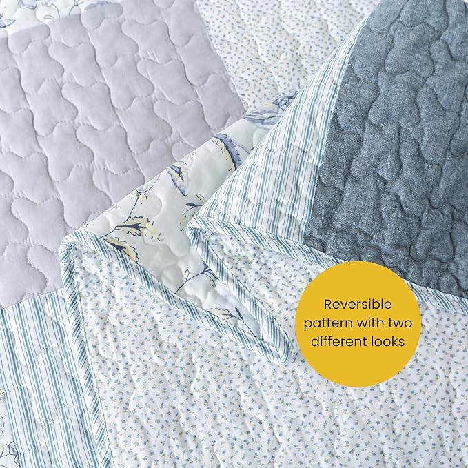 SLPR Coastal Dream Cotton Pieced Quilt Set - Twin Size with 1 Sham, Soft Purple & Blue Patchwork Quilted Bedspread, Farmhouse Country Style Bedding for All Seasons