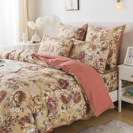 FADFAY Duvet Cover Set Full Tan Peony Floral Bedding Shabby Brown Flower Comforter Cover Set Vintage Farmhouse Bedding 100% Cotton Soft Quilt Cover with Hidden Zipper Closure 3 Pieces, Full Size