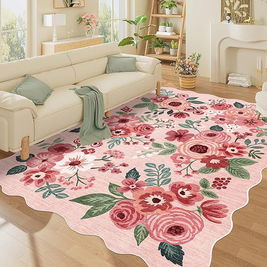 DUKINO 5x7 Area Rug, Floral Washable Rugs for Living Room with Non Slip Backing & Non-Shedding, Lightwight Low Pile Boho Design Large Carpets for Bedroom, Living Room, Dining Room, Pink