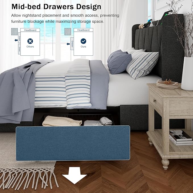 Full Size Bed Frame with 4 Storage Drawers, Upholstered Platform Bed with Charging Station, Modern Wingback Storage Headboard, Easy Assembly,Noise-Free, Dark Gray