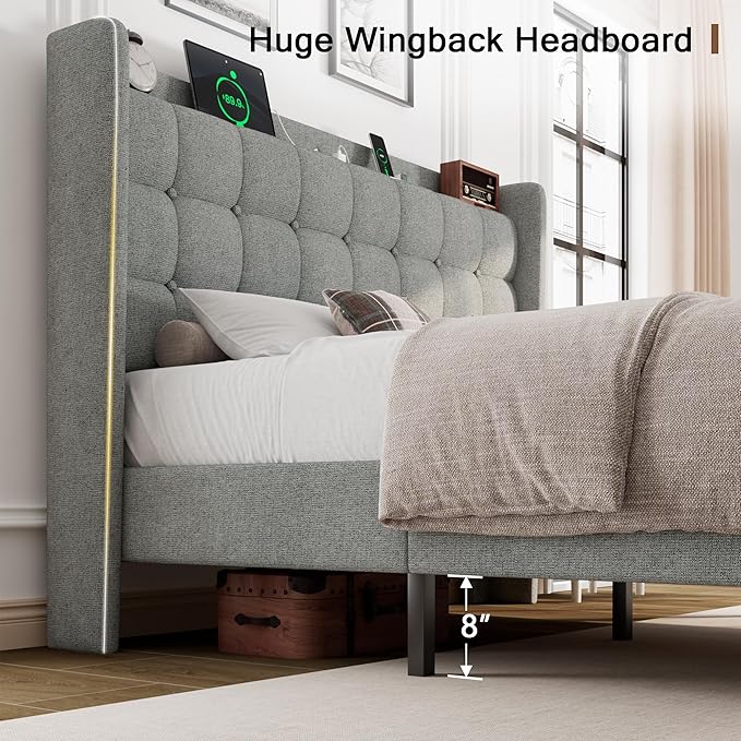 Queen Bed Frame, Upholstered Platform Bed with Charging Station, Modern Wingback Storage Headboard, Solid Wood Slats Support, No Box Spring Needed, Light Gray