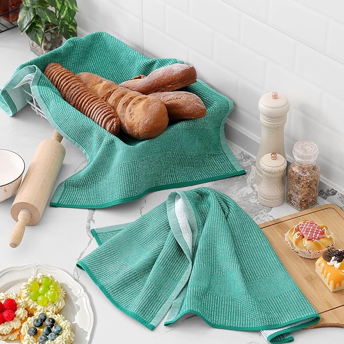 Homaxy Premium Kitchen Towels(18”x 28”, 6 Pack), Large Cotton Kitchen Hand Towels, Flat and Terry Dish Towels, 380 GSM Highly Absorbent Tea Towel Set with Hanging Loop, Grey/Green/Khaki