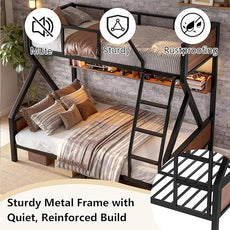 Twin over Full Bunk Bed with Storage Shelves, Metal Bunk Beds with Ladders and Lights, Heavy-duty Bunkbed for Bedrooms, Guest Rooms and Dorms, No Box Spring Needed and Noise-free Design, Black