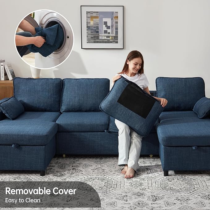 DURASPACE Sofa Bed Pull Out Couch Sleeper with Double Storage Chaise, U Shaped Convertible Sectional Sleeper Sofa for Living Room with USB Charging Ports, Cup Holder (Blue)