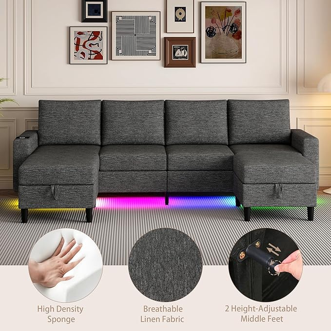 Sectional Couches for Living Room, 4 Seat Sectional Sofa with Smart Module-Wireless Charging/USB/Type-C/RGB Light, U Shaped Couch with Reversible Chaise Lounge/Storage Ottoman (Dark Grey)