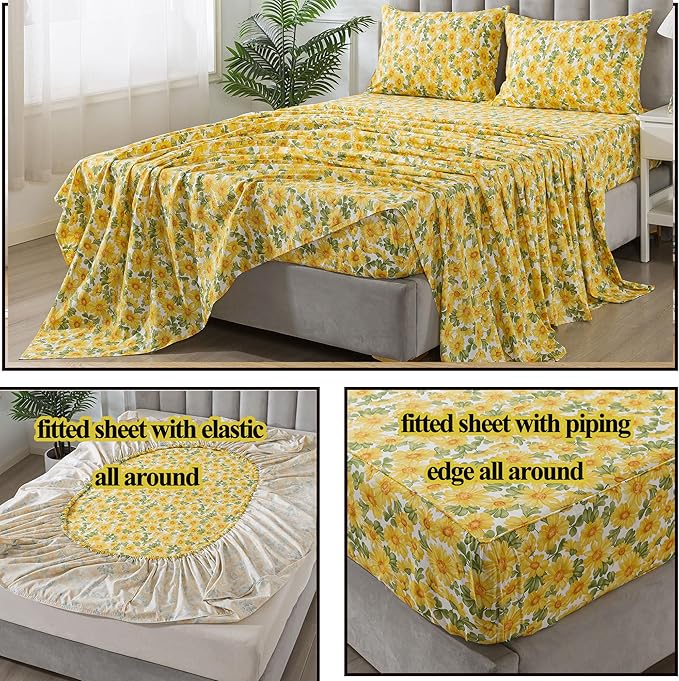 FADFAY Sunflower Sheets Set Queen Vintage Yellow Floral Bedding Rustic Botanical Sheets Shabby Floral Farmhouse Bedding 100% Percale Premium Cotton Soft Deep Pocket Fitted Sheet 4Pcs, Queen Size