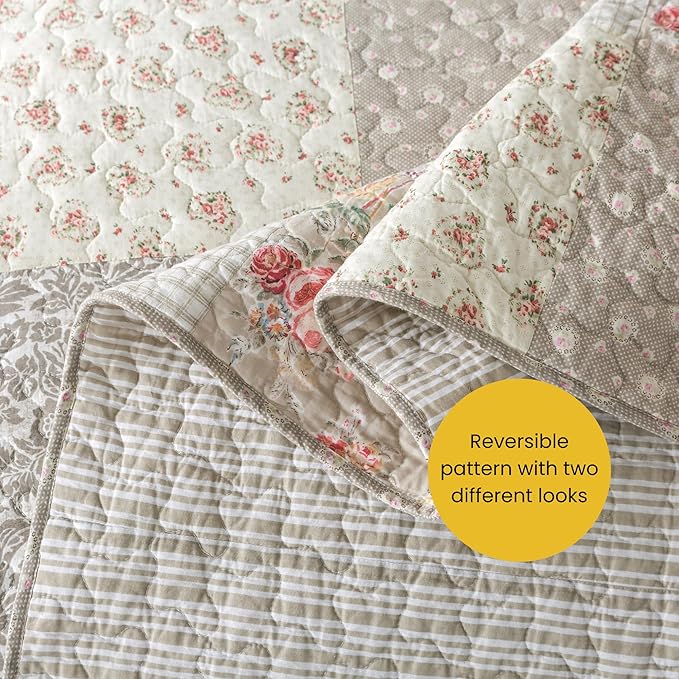 SLPR Walk in The Cotswolds Patchwork Cotton Pieced Quilt Set - Twin Size with 1 Sham, Neutral Floral & Cream Cottage Quilted Bedspread, French Country Farmhouse Bedding for All Seasons