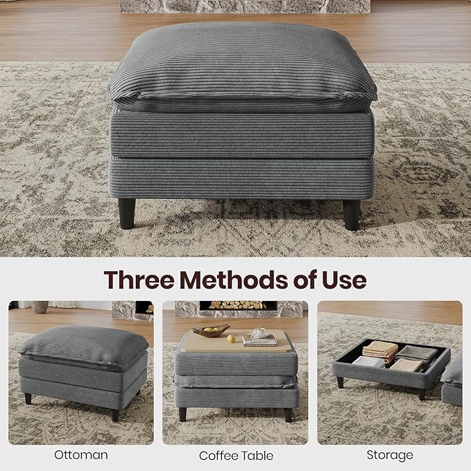 108" U Shaped Modular Sectional Cloud Couch with Two Ottoman, Snap-on Easy Installation 5-Piece Deep Seat Sofas with Storage Bag and Coffee Table for Living Room, Corduroy, Gray