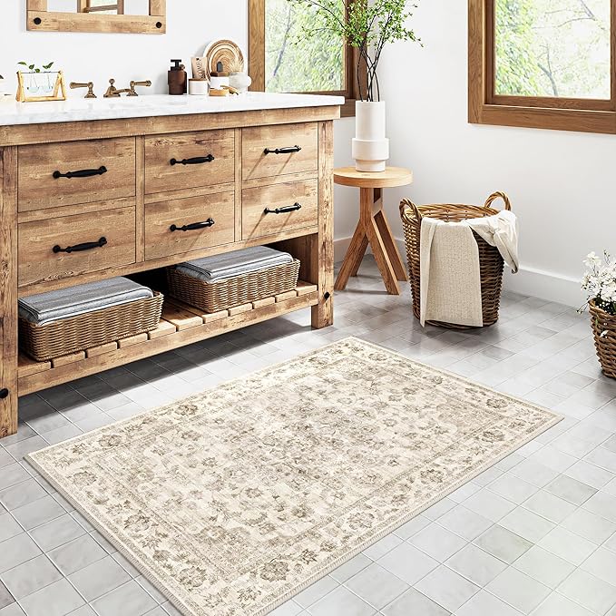 2x3 Washable Neutral Area Rug Beige Vintage Entryway Kitchen Carpet Non-Slip Soft Low Pile Floral Indoor Small Throw Rug for Bedroom Bathroom Entrance